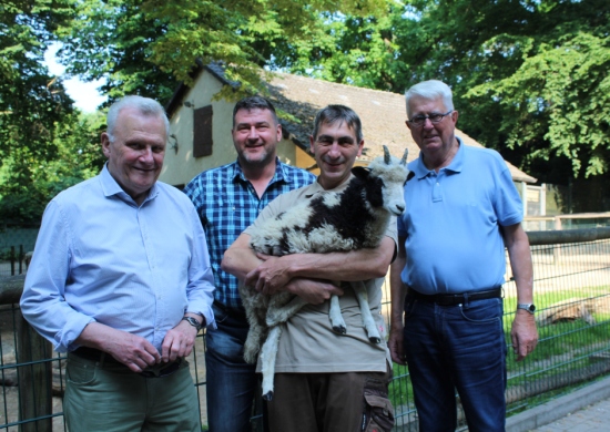 Gerade angekommen und schon abgelichtet: Das noch junge Jakobschaf-Männchen auf dem Arm von Tierpfleger Ralf Haidenkummer gemeinsam mit Stefan Klinger von den KSR sowie Dieter Bredenbrock und Elmar Bose vom Tierpark-Förderverein.