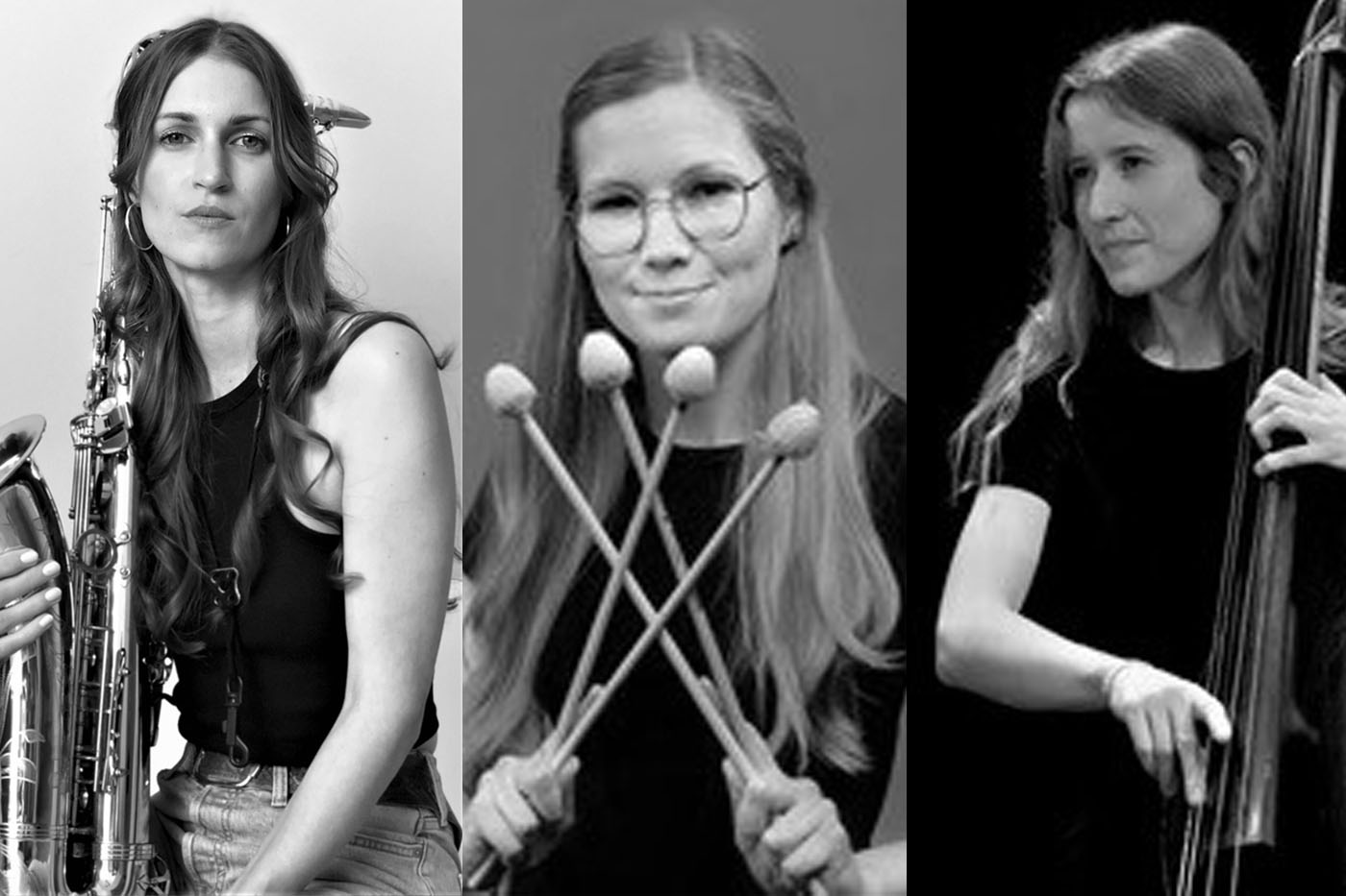 Annika Ernst (Saxophon), Genevieve O'Driscoll (Bass) und Carlotta Ribbe (Vibraphon) spielen in der Musikschule