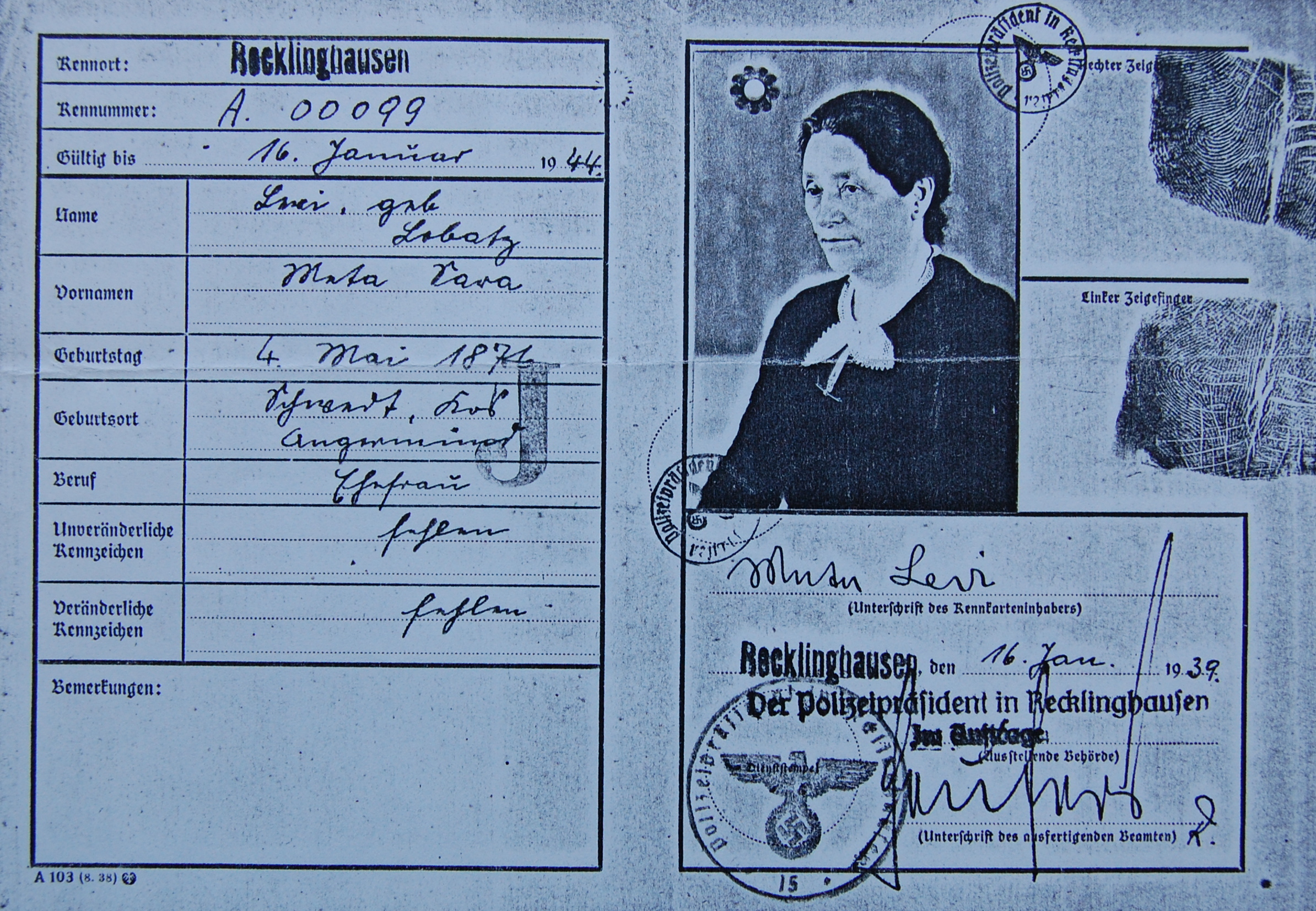 Meta Levi, Kennkarte (Foto: Archiv Georg Möllers)