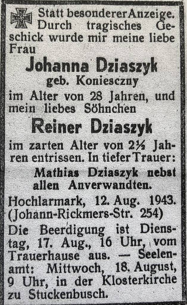 Todesanzeige Dziaszyk, RZ 15.August 1943