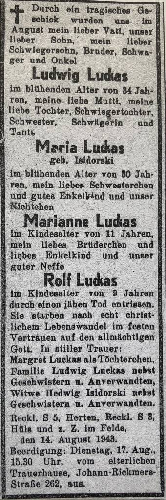 Todesanzeige Luckas, RZ 15.August 1943